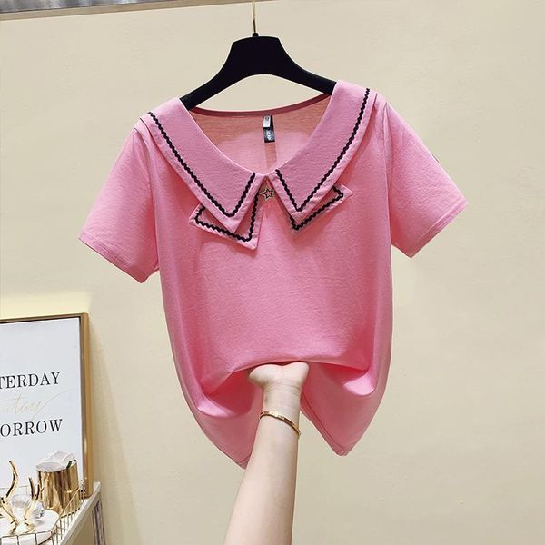 

women's blouses & shirts fashion 2021 summer woman short sleeve t-shirts casual red solid lace female clothing xl ladies top, White