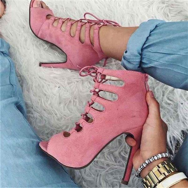 

boots lace up hollow ankle bootie peep toe gladiator stiletto high vamp sandals woman dress runway flock summer, Black