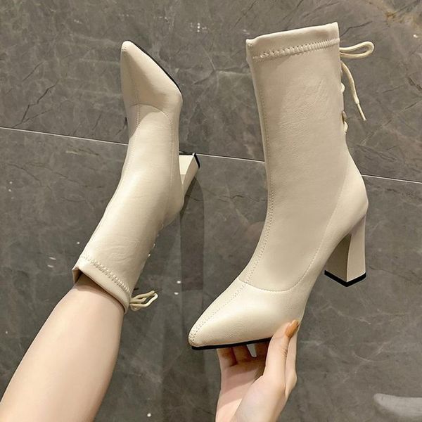

boots 2021 autumn and winter pointed toe lace thick thin with the same paragraph nude fashion high heels, Black