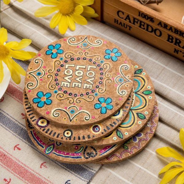

10cm moisture resistant cup coasters natural cork round cup drink coasters heat insulation placement patterned pot holder mats