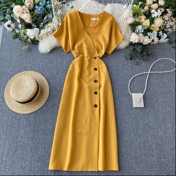 

vintage slim v neck button women dress summer midi long vestido de festa party evening casual vestidos, Black;gray