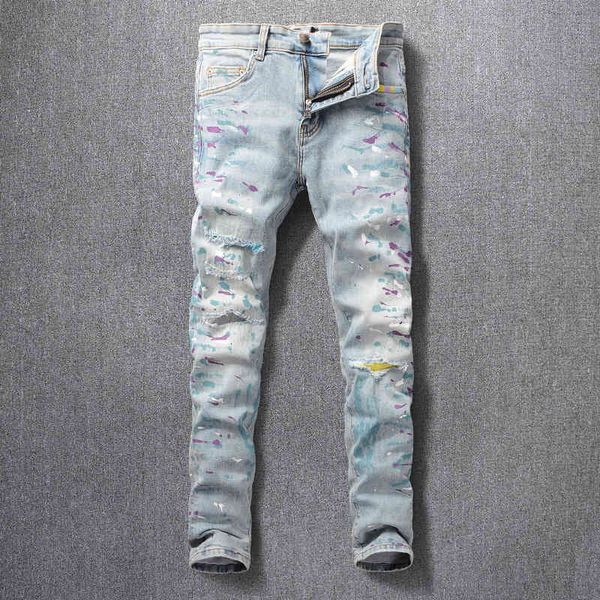 

street fashion men's jeans with holes painted, Blue