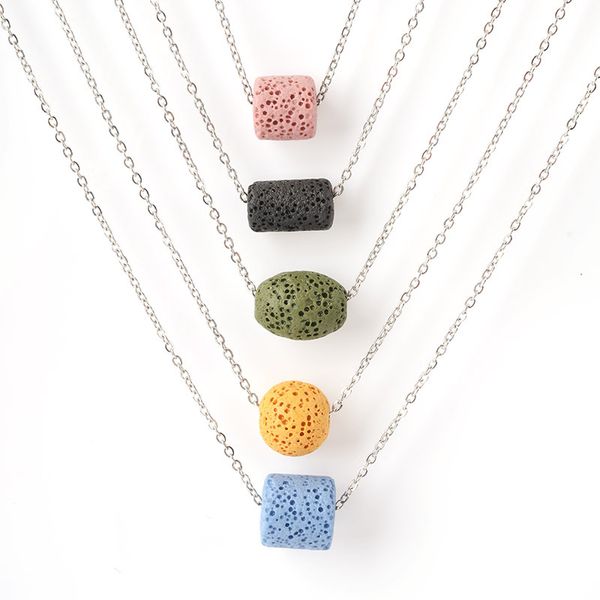 

colorful oval cylinder ball bead lava stone necklace diy aromatherapy essential oil diffuser necklaces for women jewelry, Silver