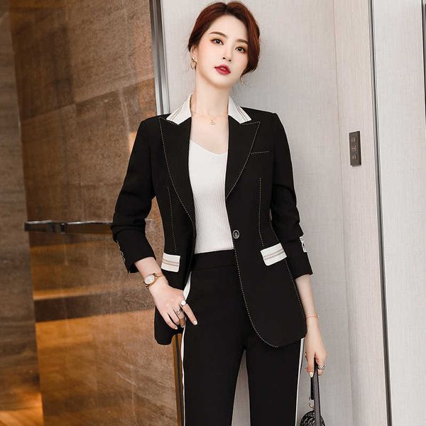 

plus size women's high-quality professional wear temperament fashion ladies pants suits long sleeve jacket slim trousers 210527, White