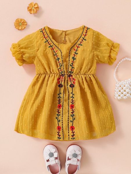 

baby floral embroidery ruffle swiss dot dress she01, Red;yellow