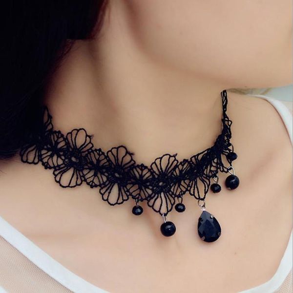 

fashion europe exaggerate black beads elegant lady big pendant choker lace necklace for women necklaces chokers, Golden;silver