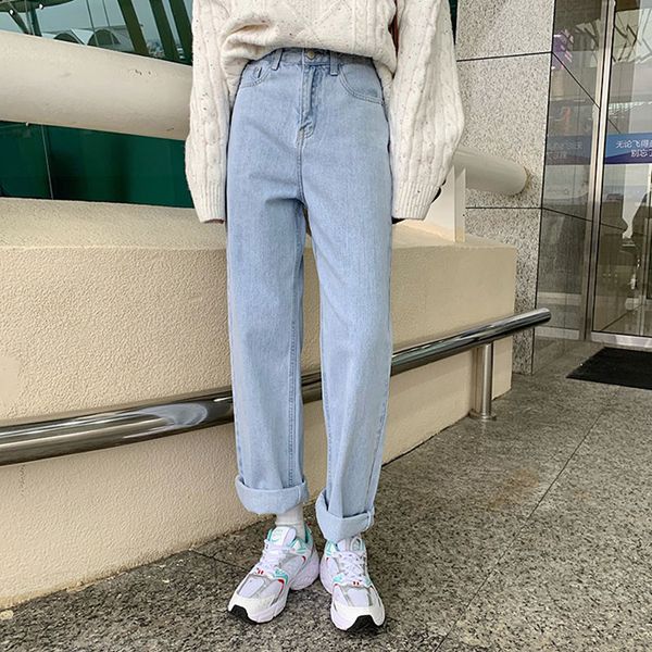 

women's jeans s-xl autumn korean style brem pants high-waisted lady in straight line denim blue light of women jeans casual female (785