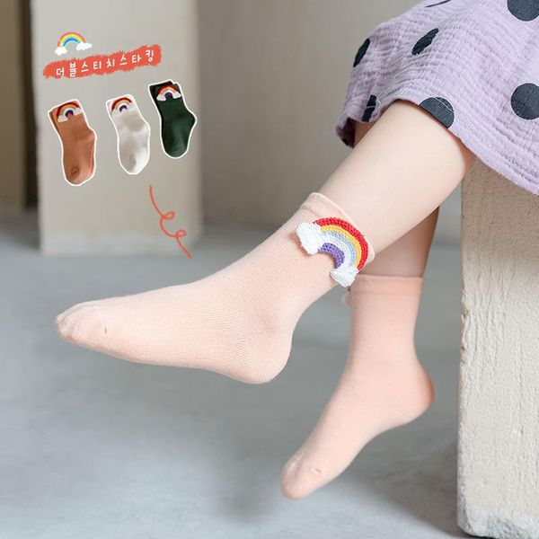 

3pairs/lot children's socks tube spring and summer cartoon korean version of the rainbow baby, Pink;yellow