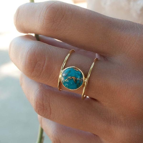 

cluster rings vintage round blue stone gold color for women wedding engagement bohemia female ring party fashion jewelry band 222, Golden;silver