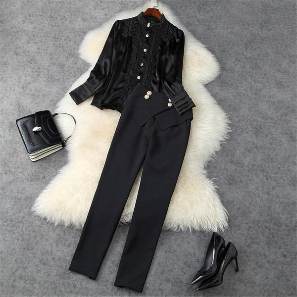 

women's tracksuits 2021 spring runway fashion two piece outfits women elegant office lady lace patchwork shirt and trousers suit set pa, Gray