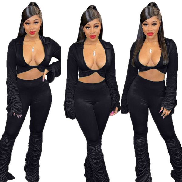 

new women's fashion deep v solid long sleeve pleated pants suit, Black;white