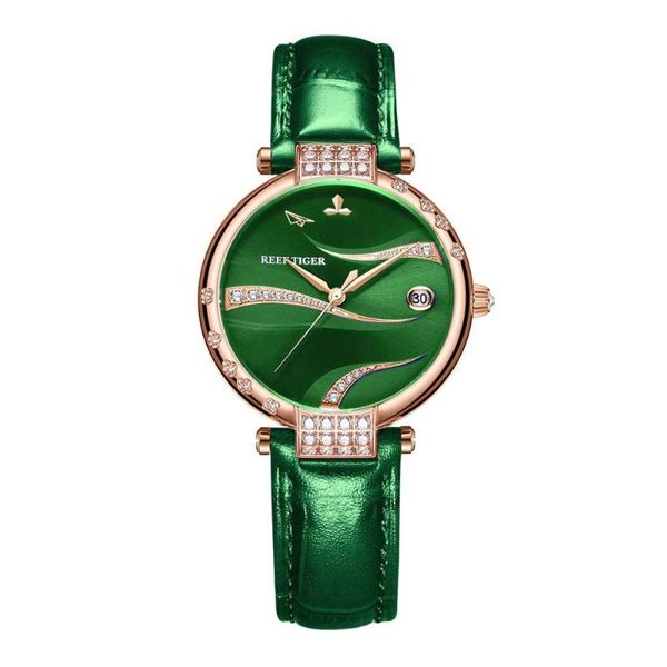 

wristwatches reef tiger/rt women rose gold case fashion designer diamonds watch green dial automatic leather strap rga1589, Slivery;brown