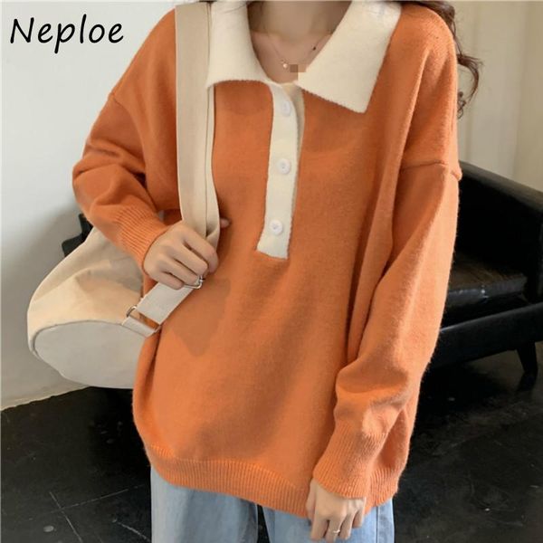 

neploe fresh sweet turn-down collar sweater women loose contrast color stitching femme knitted pullover casual autumn women's sweaters, White;black