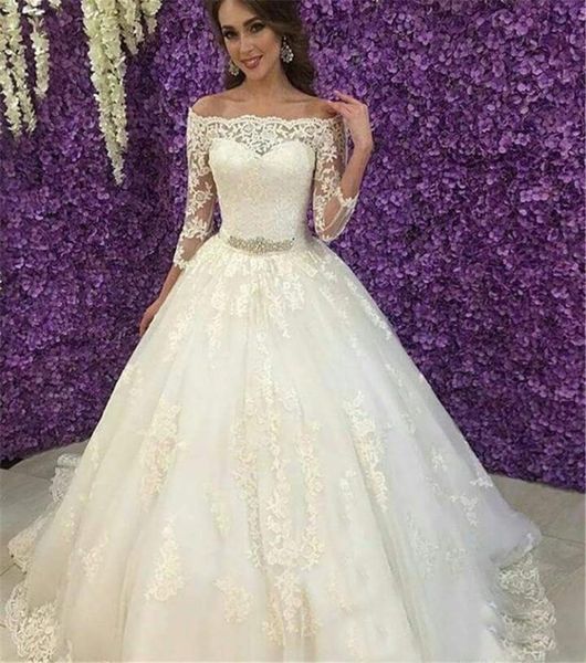 

other wedding dresses boat neck off-shoulder long sleeve lace up beaded princess bridal gowns white bateau tulle applique