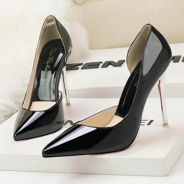 

side cut-outs high heels shoes for women pointed toe concise pumps patent leather shallow female fashion office sho dress, Black