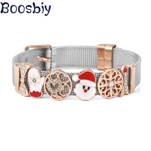 

charm bracelets two-color stainless steel mesh bracelet with 10mm santa claus & christmas gloves slide beads for women gift, Golden;silver