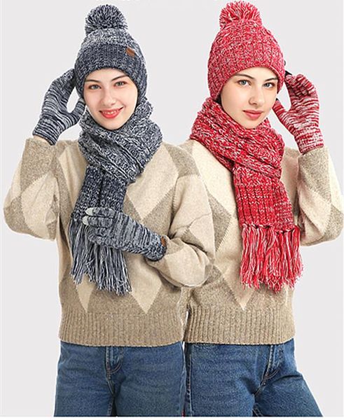 

beanie/skull caps style ladies winter thermal suit three-piece set of hat, scarf and touch screen gloves 2 - 49 pieces, Blue;gray