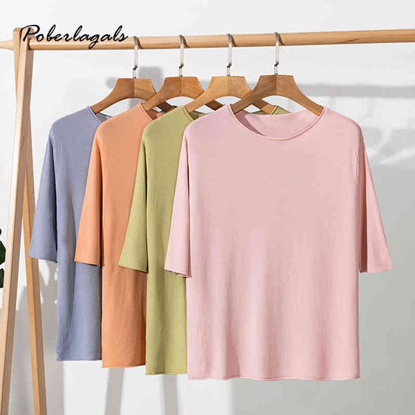 

korean casual knit t-shirt women ops summer curled shirt for black white shirt short sleeve shirts 210420