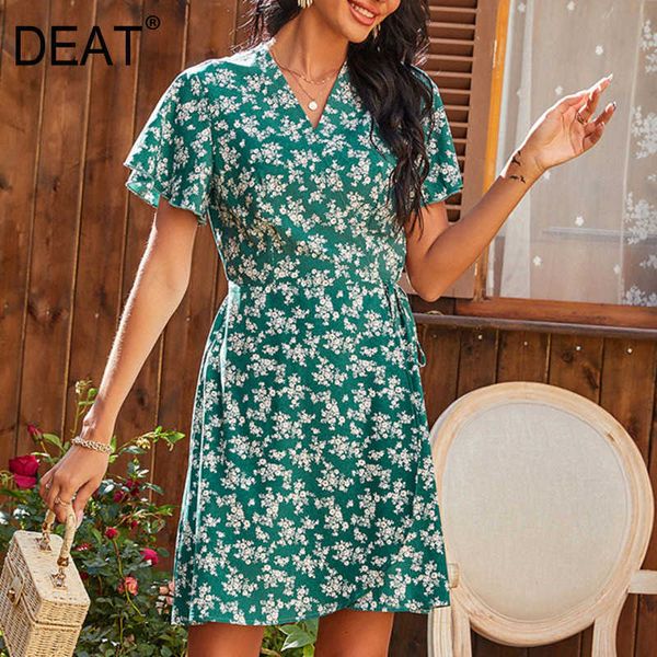 

[deat] women temperament elegant v-neck high waist short sleeve printing a-line dress summer fashion 13d100 210527, Black;gray