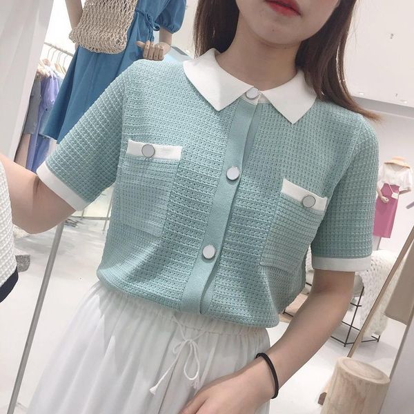 

women's knits & tees summer japanese style turn-down collar short sleeve thin short-sleeved ice silk knit womens shirt coats, White