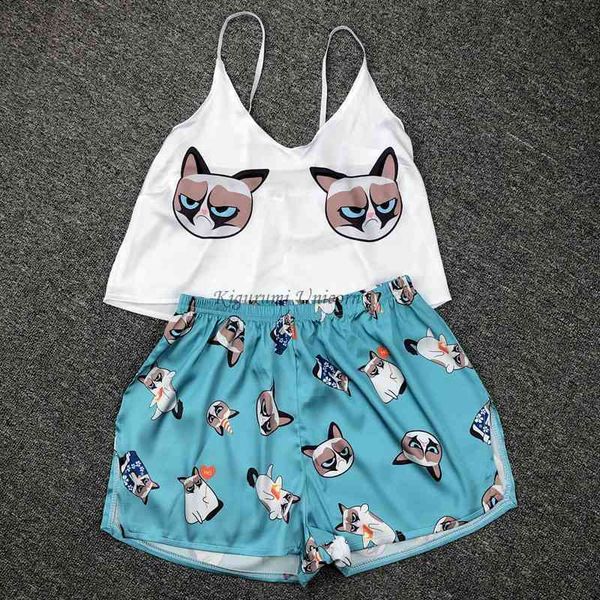

pijama pajama set silk home suit print v neck pyjama sleepwear satin summer nightwear dog 210713, Black;red