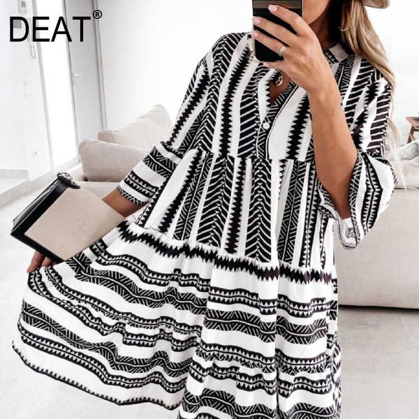 

[deat] summer fashion v-neck high waist long sleeve printing elegant loose bohemian style dress women 13q006 210527, Black;gray