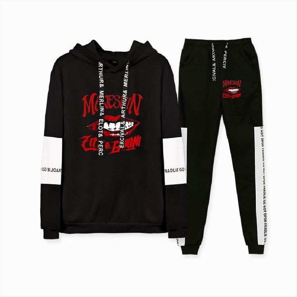 

fashion maneskin hoodie suit two men tracksuit piece set cotton italian singer casual pullover hip hop pants oversized clothes, Gray