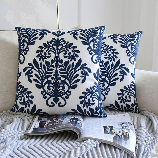 

cushion/decorative pillow cushion cover navy blue/white geometric floral canvas cotton square embroidery home decor for sofa chiar 45x45cm