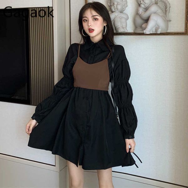 

women blouse sling fashion two piece set spring autumn solid lapel single breasted puff sleeve slim female sets 210531, White
