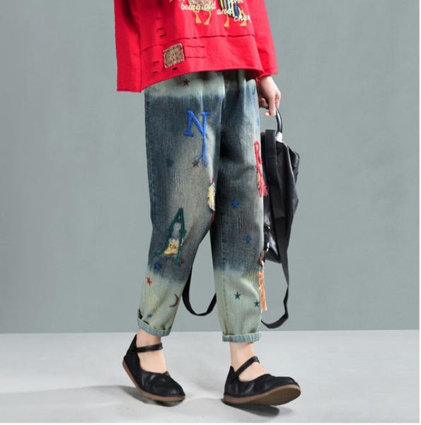 

women's jeans spring autumn retro women loose denim pants elastic waist pocket panelled bleached letter blended casual ladies trousers, Blue