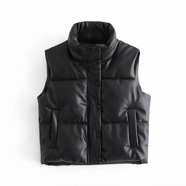 

women's down & parkas women 2021 autumn fashion leather cotton pocket padded waistcoat vintage sleeveless vest female outerwear streetw, Black
