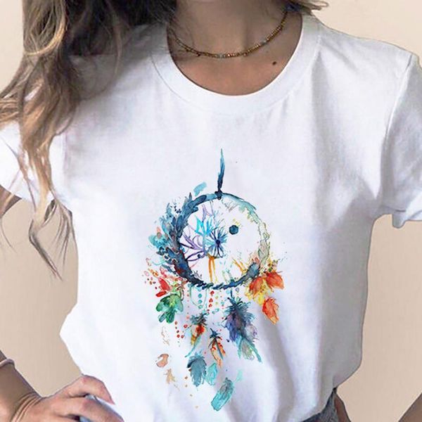 

45#modal retro flowers dream-catcher short sleeve ladies woman 2021 fashion blusass blusas manga corta para mujer women's t-shirt, White