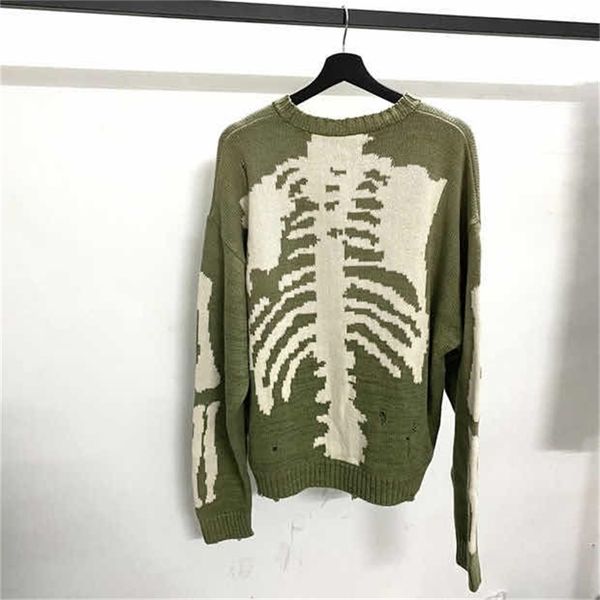

kapital green loose skeleton bone printing sweater men woman good quality high street damage hole vintage 1:1 knit sweater 220114, White;black