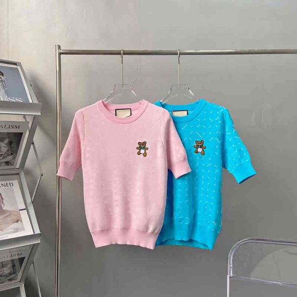 

2022 factory wholesale new summer knitted t-shirt slim fit girls elastic jacquard short sleeve embroidery brown pullover pink blue live broa, White