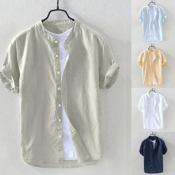 

korean clothes men fashion men's baggy cotton linen solid short sleeve button retro shirts blouse camisas para hombre casual, White;black