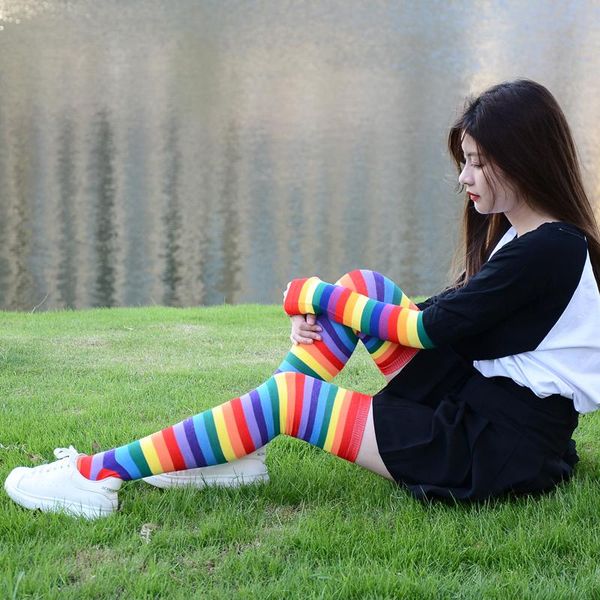 

socks & hosiery colorful rainbow stockings cute thigh knee dance striped arm warmer gloves christmas gifts women cosplay costume, Black;white