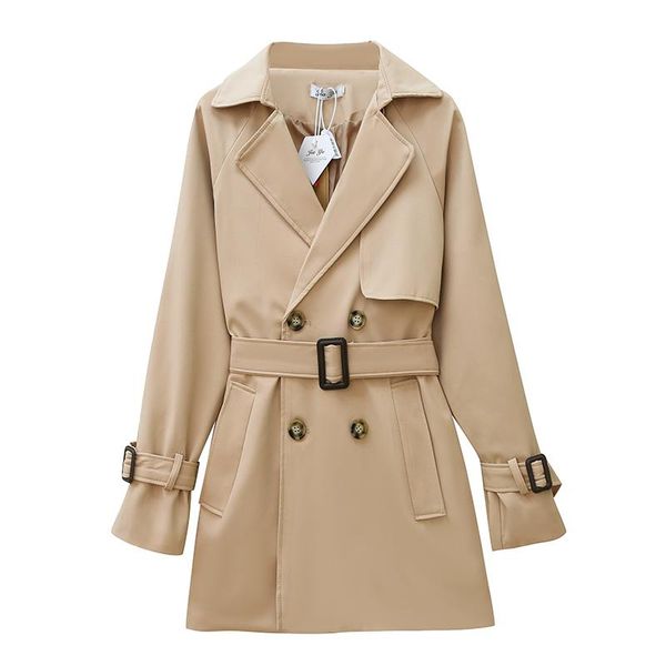 

women's trench coats autumn short windbreaker women casual collocation loose belt jacket fashion plus size 3xl, Tan;black