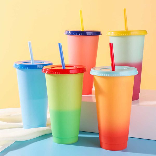 

magic color changing straw cup, thermal color changing plastic cup, water, beverage, decolorization, fashion coffee cup, 710ml