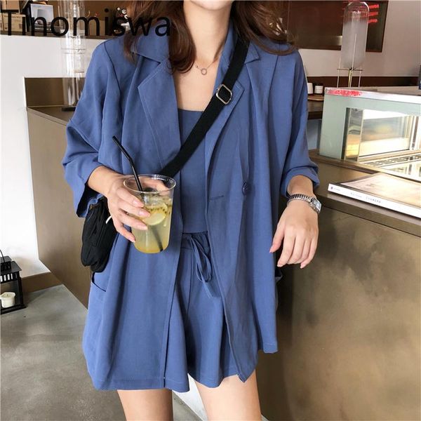 

women's tracksuits tinomiswa korean women three piece set notched collar short sleeve blazer casual camisole high waist shorts unicolor, Gray