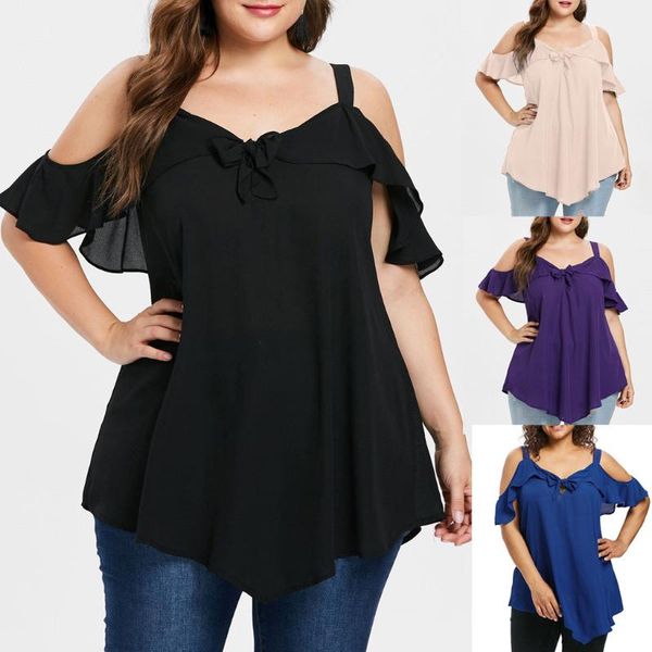 

plus size t-shirt cold shoulder shirts women 2021 summer chiffon blouse camis bow asymmetric ruffles xl-5xl clothes, Black