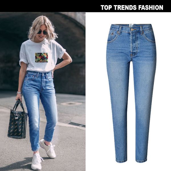 

women's high waist slim fit washed denim pants with worn back zipper pocket are popular in the street sprg and summer, Blue