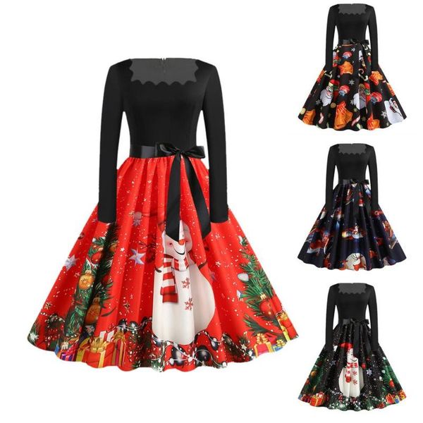 

casual dresses vintage women's dress female christmas party gown long sleeve pleated o-neck elk santa claus print ladies evening clothi, Black;gray