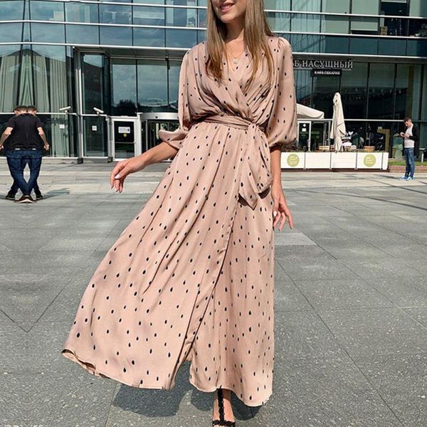 

women maxi dress dots split a line long lantern sleeve v neck elegant dresses bandage sashes streetwear 2021 casual, Black;gray