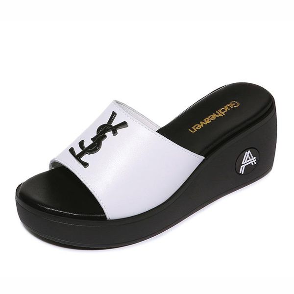 

open-toed slope-heel slippers, flat-shaped solid color women's shoes, platform shoes slippers, Black
