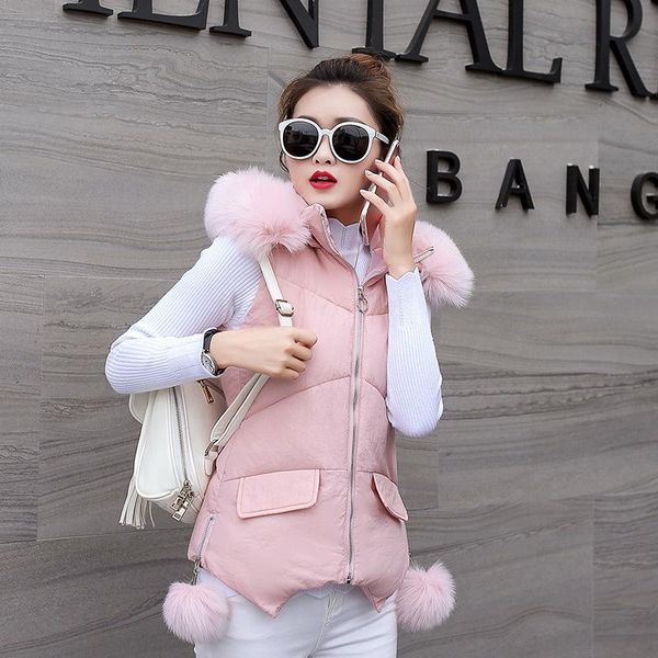 

women's vests winter women thick cotton fur collar vest korean style hooded solid plus size with zipper ball casual outwear chalecos mu, Black;white