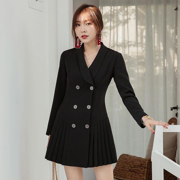 

autumn arrivals black dress turn down collar double-breasted office lady above-knee mini 65289 casual dresses, Black;gray