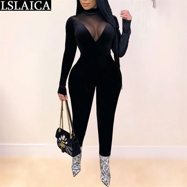 

jumpsuit women casual mesh stitching perspective slim night club fashion bodysuit long sleeve bodys para mujer 210515, Black;white