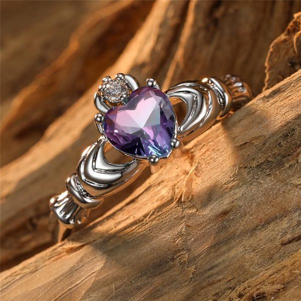 

wedding rings blue purple heart zircon claddagh for women rainbow stone jewelry vintage rose gold/silver color engagement ring, Slivery;golden