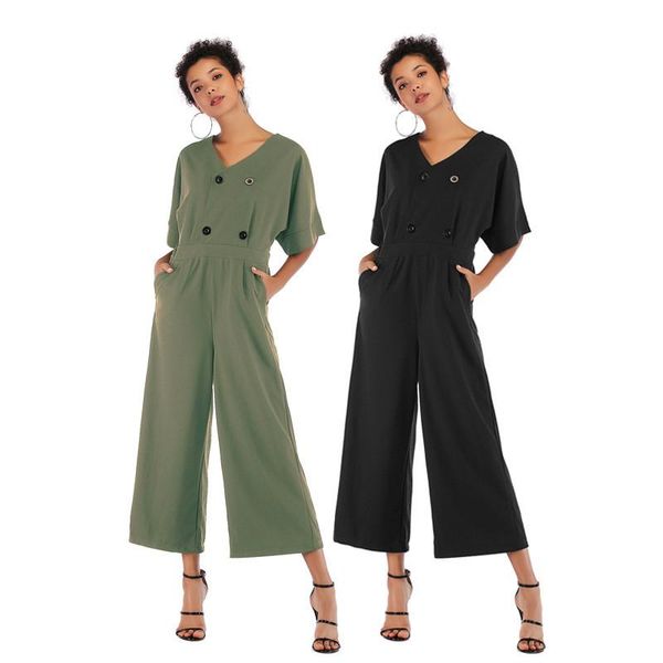 

women's jumpsuits & rompers casual mid sleeve for women 2021 spring summer loose v neck solid color high-waist macacao feminino/salopet, Black;white