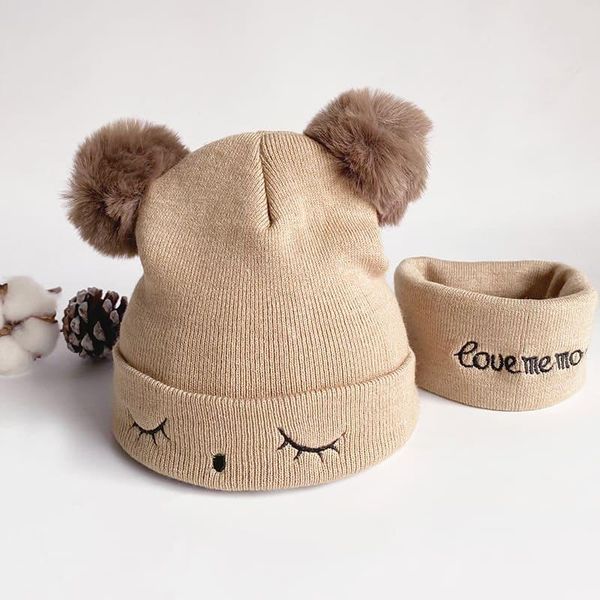 

caps & hats 2pcs baby hat scarf set knitting ear cap for boys girls winter beanie cute eyes embroidery pompom warm scarves, Yellow